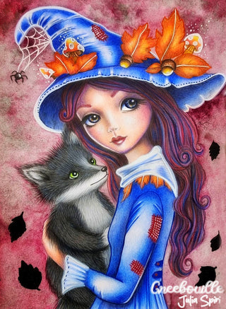 Grayscale Coloring Page. Whimsical Girl with Fox in Autumn Forest. The Fey and the Fox