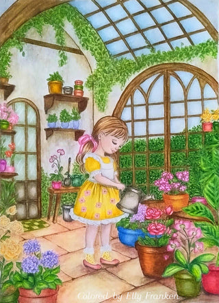 Grayscale Coloring Page, Girl Watering Flowers. The GreenHouse