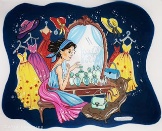 Grayscale Coloring Page. Beautiful Girl with Dresses, Hats, Handbags and Perfumes. The Dreaming Wardrobe