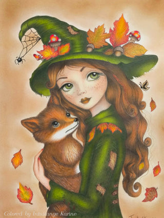 Grayscale Coloring Page. Whimsical Girl with Fox in Autumn Forest. The Fey and the Fox