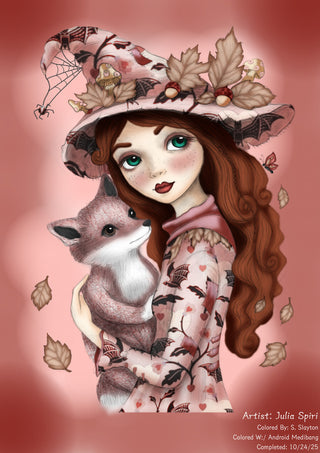 Grayscale Coloring Page. Whimsical Girl with Fox in Autumn Forest. The Fey and the Fox