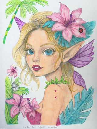 Grayscale Coloring Page. Whimsy Elf with Insect on Tropics. Elf of the Emerald Tropics