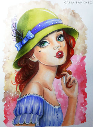 Grayscale Coloring Page. Elegant Girl with Hat. Charming Femininity