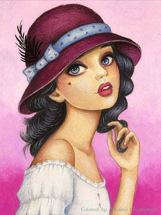 Grayscale Coloring Page. Elegant Girl with Hat. Charming Femininity