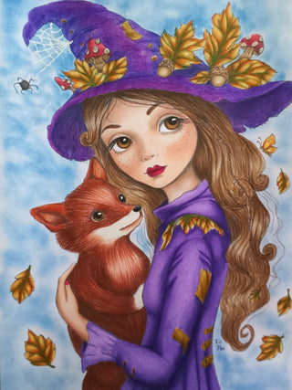 Grayscale Coloring Page. Whimsical Girl with Fox in Autumn Forest. The Fey and the Fox