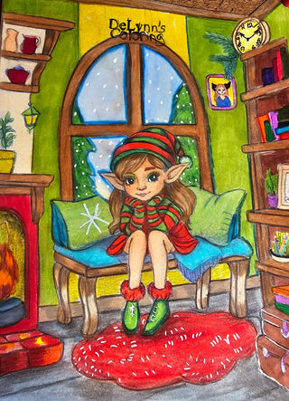 Grayscale Coloring Page, Whimsy Winter Elf in Cozy Home. Winter Mood