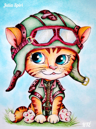 Página para colorear Steampunk, fantasía, gato caprichoso. Gato aviador