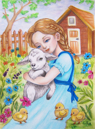 Grayscale Coloring Page, Girl with baby goat and chicks in garden. Heidi