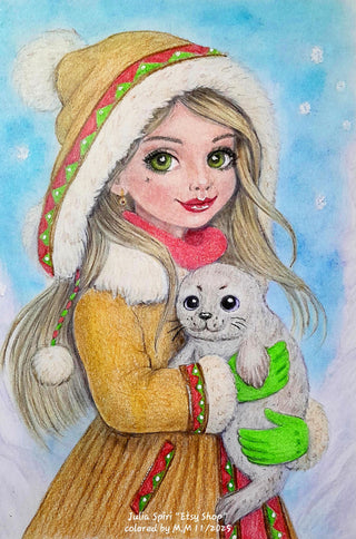 Grayscale Coloring Page. Winter Girl with Seal. Freya and the Seal Pup