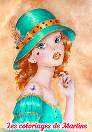 Grayscale Coloring Page. Elegant Girl with Hat. Charming Femininity