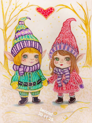 Grayscale Coloring Page. Little Gnomes in Winter