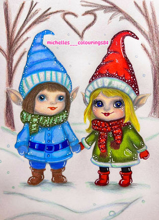 Grayscale Coloring Page. Little Gnomes in Winter
