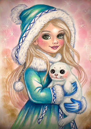 Grayscale Coloring Page. Winter Girl with Seal. Freya and the Seal Pup