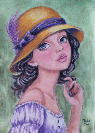 Grayscale Coloring Page. Elegant Girl with Hat. Charming Femininity