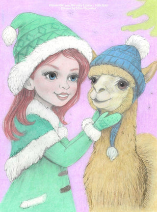 Grayscale Coloring Page. Winter Girl and the Cozy Llama