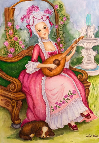 Grayscale Coloring Page. Lady with Rococo Dress Playing Music with Lute. Versailles Afternoon