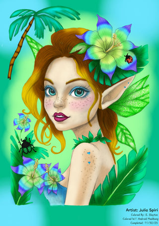 Grayscale Coloring Page. Whimsy Elf with Insect on Tropics. Elf of the Emerald Tropics