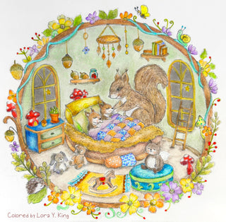 Grayscale Coloring Page. Cute Squirrel and Her Babies in Their Sweet Home. Woodland Lullaby