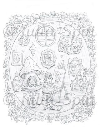 Grayscale Coloring Page. A Cute Mouse Paints Portraits in a Study. A Cozy Day of a Portrait Artist