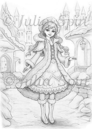 Página para colorear en escala de grises, Whinsy Winter Girl. Un paseo de cuento de hadas en el pueblo encantado de invierno