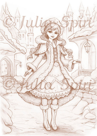 Grayscale Coloring Page, Whimsy Winter Girl. A Fairytale Stroll in the Enchanted Winter Village