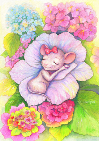 Original Watercolor Painting. A Hydrangea Bed for the Sleeping Sweet Mouse