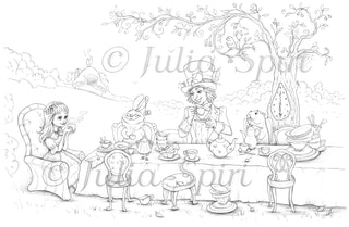 Coloring Page, Alice in Wonderland, March Hare, The Hatter. A Mad Tea-Party - The Art of Julia Spiri