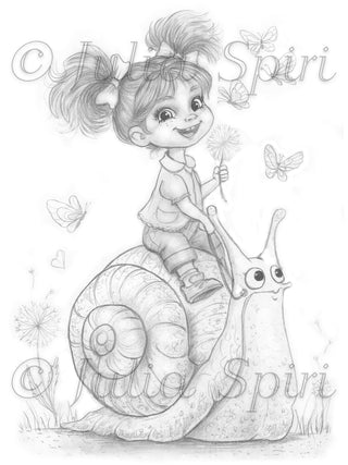 A Free Drawing with Any Purchase of €3 or More! Grayscale Coloring Page. A Cute Girl Riding a Snail. A Slow Ride to Happiness