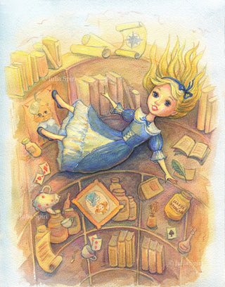 Coloring Page, Alice in Wonderland. Alice Falling Down the Rabbit-Hole - The Art of Julia Spiri