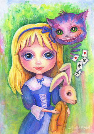 Page de coloriage, Alice et chat de Cheshire, lapin, cartes. Alice au pays des merveilles