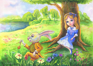 Coloring Page, Alice in Wonderland. Alice and Rabbit
