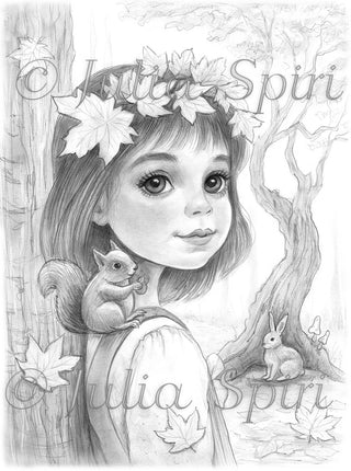 Grayscale Coloring Page. Little Girl in Autumn Forest. Autumn Vibes