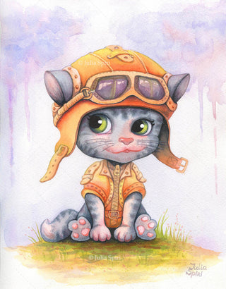 Página para colorear Steampunk, fantasía, gato caprichoso. Gato aviador