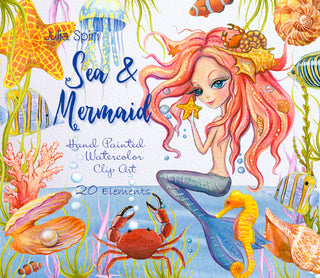 Watercolor Hand Painted Seren, Sea Clip Art. Sea & Mermaid