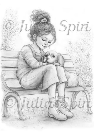 Grayscale Coloring Page, Girl with Dog. Best Friends Forever