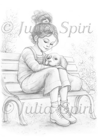 Grayscale Coloring Page, Girl with Dog. Best Friends Forever