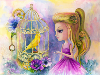 Coloring page, Fairytale Steampunk Girl. Bird in a cage