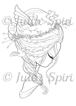 Coloring page, Whimsy Girl. The Birds and Hair - The Art of Julia Spiri