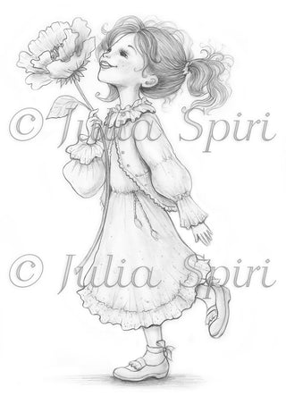 Grayscale Coloring Page, Little Girl with Flower. Blooming Joy