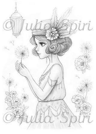 Grayscale Coloring Page. Elegant Girl with Dandelions. Blown into Tomorrow