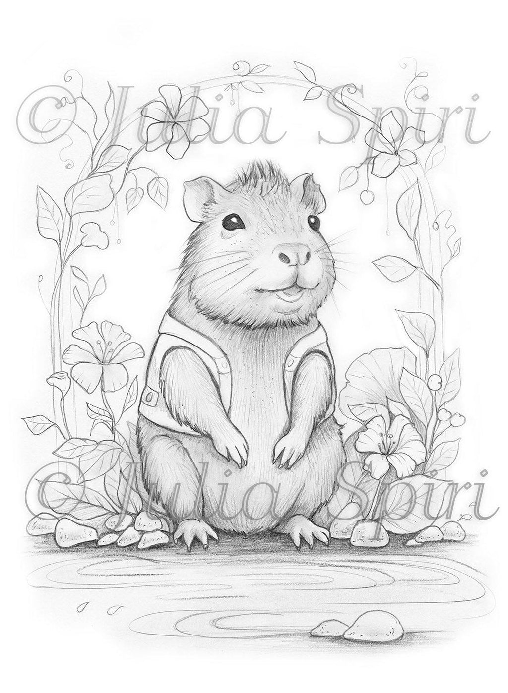 Grayscale Coloring Page, Whimsy Capybara Capy – The Art of Julia Spiri