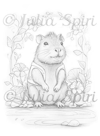 Page de coloriage en niveaux de gris, Whimsy Capybara Capy