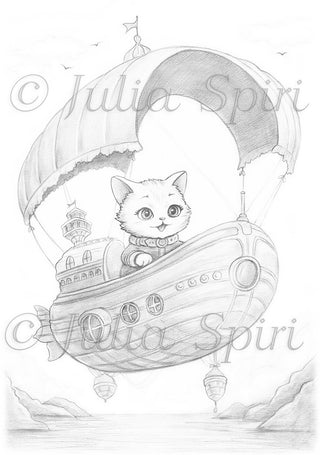 Grayscale Coloring Page. Cat and Airship Chronicles
