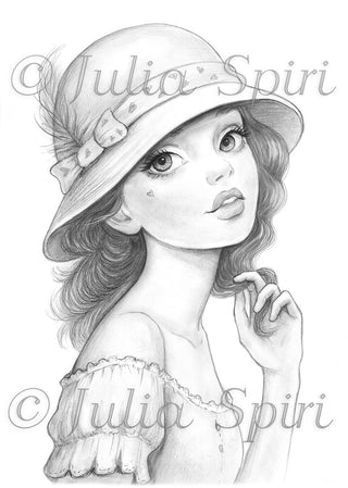 Grayscale Coloring Page. Elegant Girl with Hat. Charming Femininity