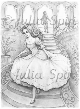 Grayscale Coloring Page, Fairy Tale. Cinderella