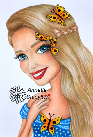 Grayscale Coloring Page, Fantasy Girl Portrait with Butterflies. Caroline
