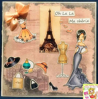 Coloring page + bonus elements for cut. Parisian Girl with Elegant Dress and Accessories. Fashion in Paris