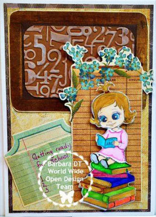 Coloring Page, Whimsy Girl with School Books. Little Pupil