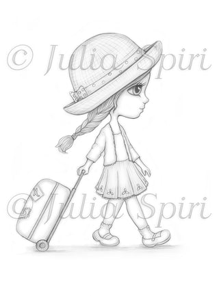 Coloring Page, Travel Girl with a suitcase. Ellie