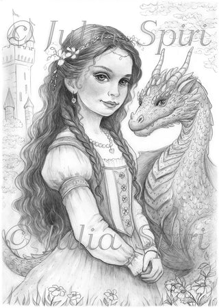 Grayscale Coloring Page. Medieval Girl with Dragon. Elowen and the Dragon’s Heart